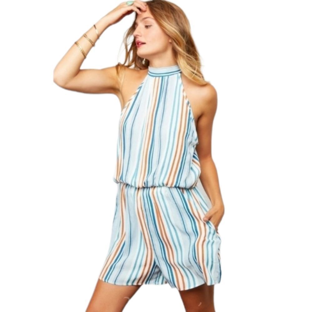 Denim Blue Multi Stripe Romper - Picture 2 of 5